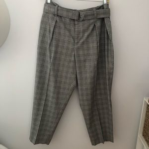 High Waisted Grey Plaid Cropped Tapered Dress Pants with D Ring Belt Size 18